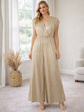 NWT Molly Green Gold Champagne V-Neck Pleated Wide Leg Glam Jumpsuit Size L